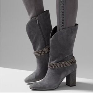 White House Black Market Charlie Suede Heeled Boots with Chain Detail